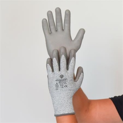 Védőkesztyű, HPPE, tenyerén PU mártott, vágásbiztos, XXL méret, szürke